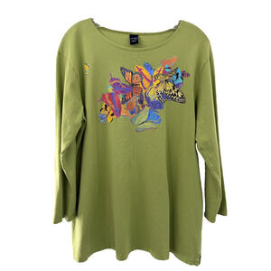 Sabaku Women's Cotton Scoop Neck Green Tunic Top Size Medium Butterflies